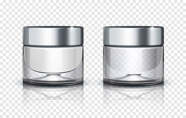 Glass cosmetic jar with silver lid isolated on transparent background. Vector illustration