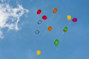 Multicolored balloons flying in the blue sky 