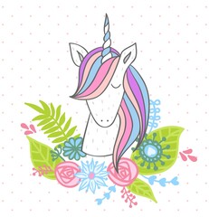 Magic cute unicorn with flowers. Vector greeting card.