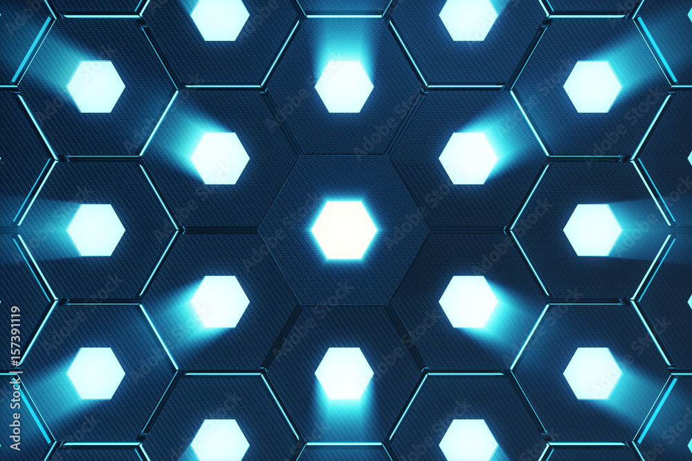 Poster abstract blue of futuristic surface hexagon pattern with light rays, 3d rendering
