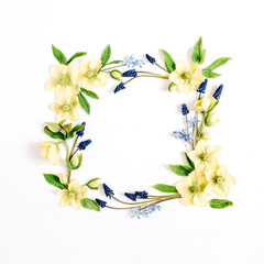 Frame wreath made of hellebore flower, muscari flower and leaf on white background. Flat lay, top view. Mock up.