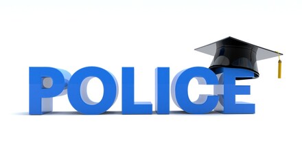 3D illustration of Police text wearing a graduation hat