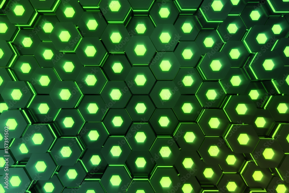 Poster abstract green of futuristic surface hexagon pattern with light rays, 3d rendering