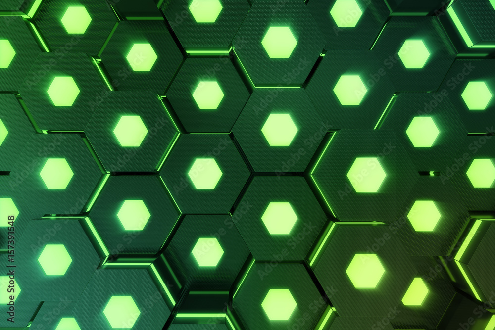 Poster abstract green of futuristic surface hexagon pattern with light rays. 3d rendering