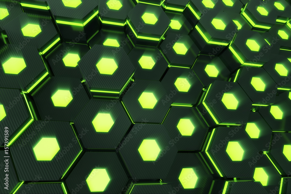 Poster abstract green of futuristic surface hexagon pattern with light rays. 3d rendering