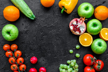 summer food with fresh fruits and vegetables top view space for text