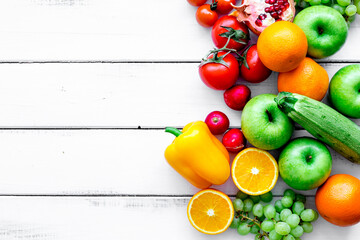 fruits and vegetables for healthy dinner on white background top view mock up