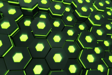 Abstract green of futuristic surface hexagon pattern with light rays. 3D Rendering