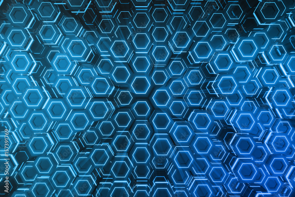 Poster abstract blue of futuristic surface hexagon pattern, hexagonal honeycomb with light rays, 3d renderi