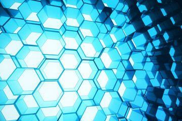 Obraz na płótnie Canvas Abstract blue of futuristic surface hexagon pattern, hexagonal honeycomb with light rays, 3D Rendering