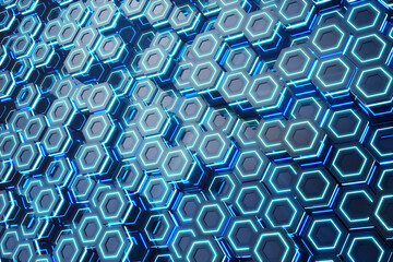 Obraz premium Abstract blue of futuristic surface hexagon pattern, hexagonal honeycomb with light rays, 3D Rendering