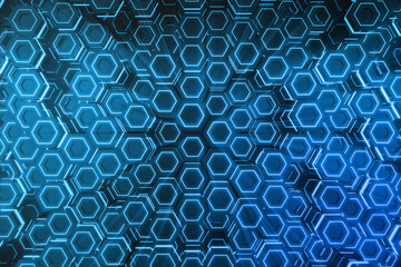 Abstract blue of futuristic surface hexagon pattern, hexagonal honeycomb with light rays, 3D Rendering