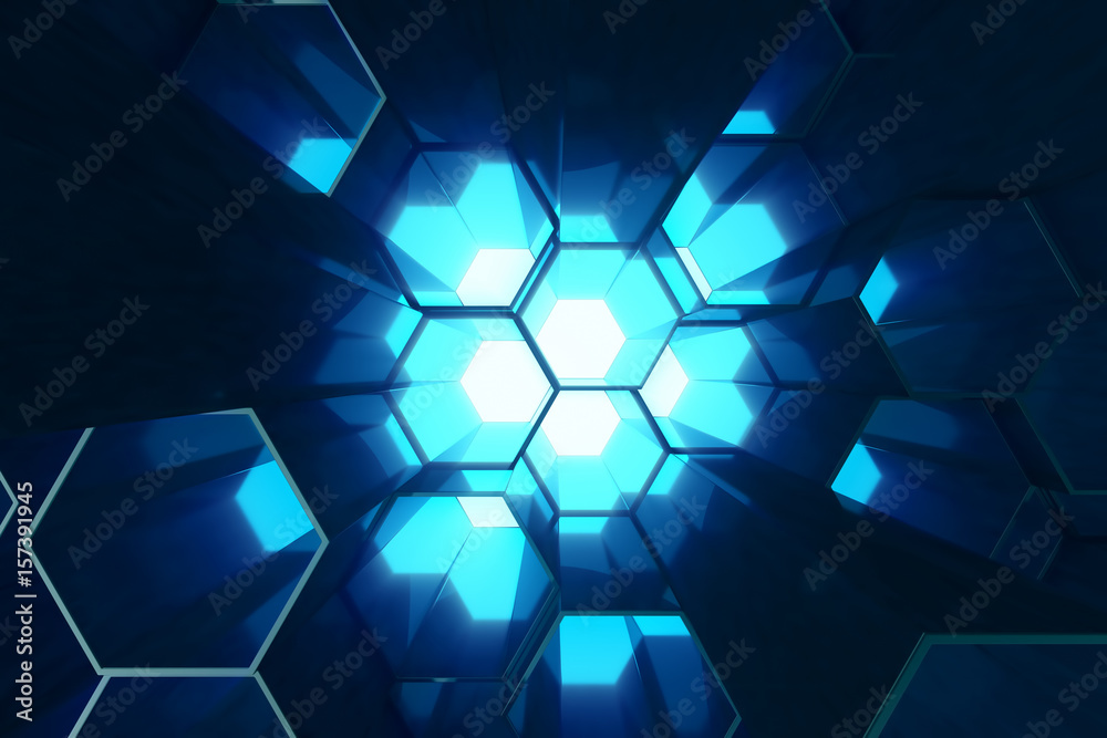 Poster abstract blue of futuristic surface hexagon pattern, hexagonal honeycomb with light rays, 3d renderi