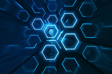 Abstract blue of futuristic surface hexagon pattern, hexagonal honeycomb with light rays, 3D Rendering