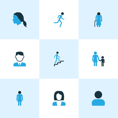 Obraz na płótnie Canvas Person Colorful Icons Set. Collection Of Jogging, Personal Data, Stairs And Other Elements. Also Includes Symbols Such As Fitness, Company, Data.
