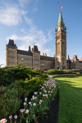 Parliament Hill of Ottawa, Canada in a sunny spring afternoon with red-and-white tulips in the foreground