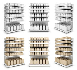 Shelf sections with the goods. Packaging. Set of 3d images