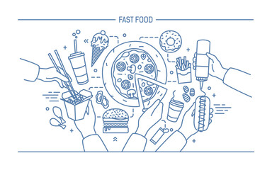 Fast food vector pizza, noodles, ice cream, fries, burger, cola