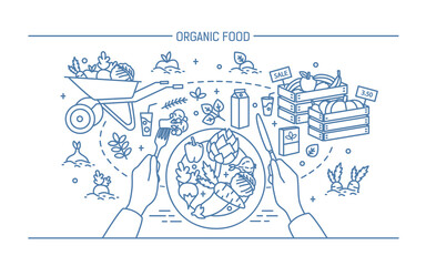 Horizontal banner with organic food. Composition with vegetables on plate, different fresh products, greenery, fruit, drinks. Monochrome vector illustration in lineart style.