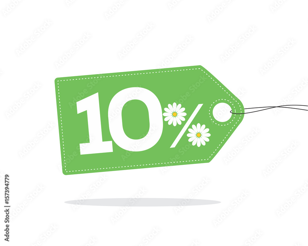 Poster Green price tag label with 10% text designed with a daisy flower icon on it and with shadow isolated on white background. For summer sale campaigns.