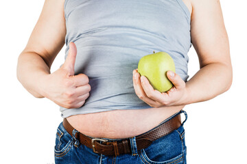 A man with a big belly and Apple. The concept of proper nutrition.