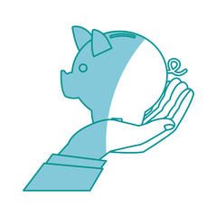 drawing hand man business with piggy bank vector illustration