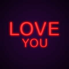 Neon text Love You, vector Font. Glowing text effect isolated on purple background