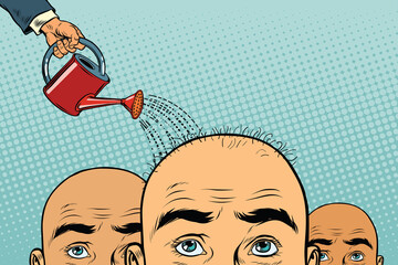 Remedy for hair growth. bald man poured from a watering can