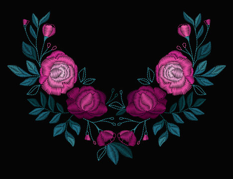 Vector design for collar t-shirts and blouses. Colorful flowers neck line. Embroidery for Fashion. Vector illustration.