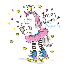 Cute roller skater unicorn with phone. Vector doodle graphic. Illustration for fashion design