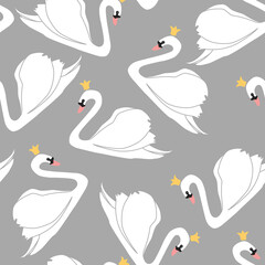 Seamless pattern with white swans. White swans with crowns on grey background. Vector illustration.