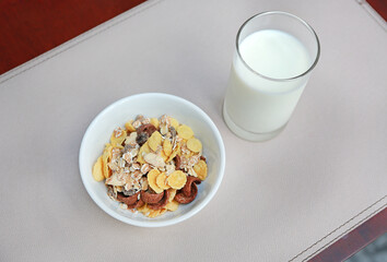 Healthy cereal breakfast on table. cereal with milk.