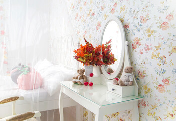 vintage bedroom. dresser with mirror. autumn