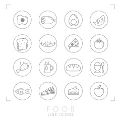 Fototapeta premium Set of line daily food icons in line circles. Flat style. Fried egg, sausage, boiled egg, cheese, sandwich, pizza, tomato, chicken leg, cup of tea, bread, egg, fish, bacon, cake, apple