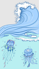 Obraz premium Blue high wave with foam cap. Two jellyfish in sea
