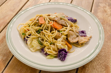 Nice fried spaghetti with pork and vegetable