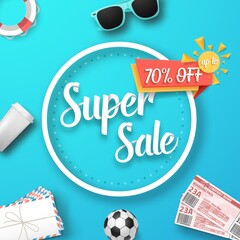 Illustration of Super Sale Vector Poster. Bright Sale Flyer Template with Travel Icons