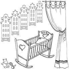 baby Pretty room for the girl outline set of furniture and toys black on a white backgroundamst90 90