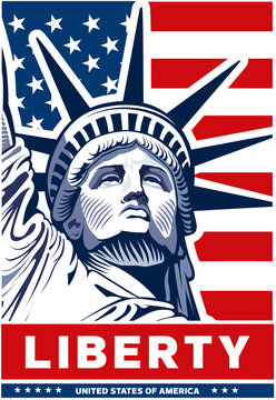 Statue of Liberty, USA flag, NYC,