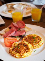 Cheese pancake with orange juice