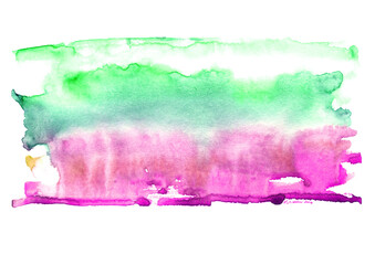 Watercolor splash stain, green and  pink. Abstract blot, background. 
Isolated on white background.