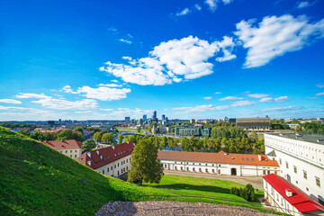 Old Arsenal courtyard and Financial district with skyscrapers of Vilnius