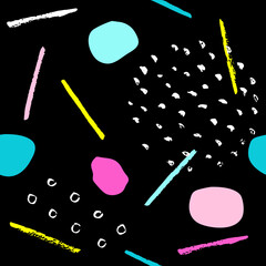 Pattern of trendy geometric elements. Retro style background. Bright brush strokes on black. Memphis card. For textile, paper, cover, banner, stationary, web pages.