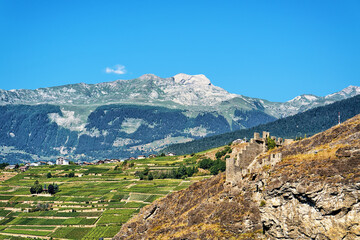 Landscape and Stone Ruins of Tourbillon castle Sion Valais Switzerland