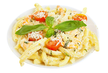 delicious delicious spaghetti with shrimps and basil on  plate