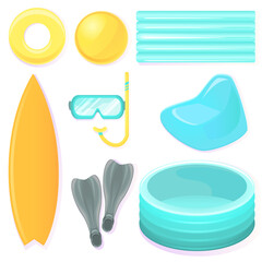 Set of equipment for summer recreation, for sports and entertainment on the water and under water. Illustration of isolated objects. Surfboard, mask for diving and fins, inflatables.