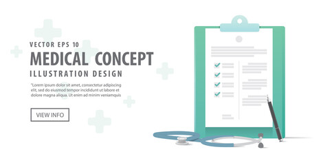Banner clipboard and stethoscope and pen illustration vector on white background. Medical concept.