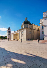 Fototapeta na wymiar Cathedral square and belfry at historical center of Vilnius