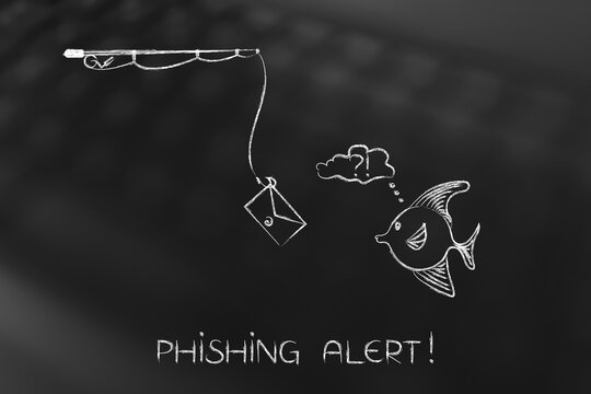 fishing rod with email bait approaching doubtful fish, phishing concept
