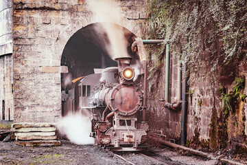 Process of coal loading to the steam old locomotive.